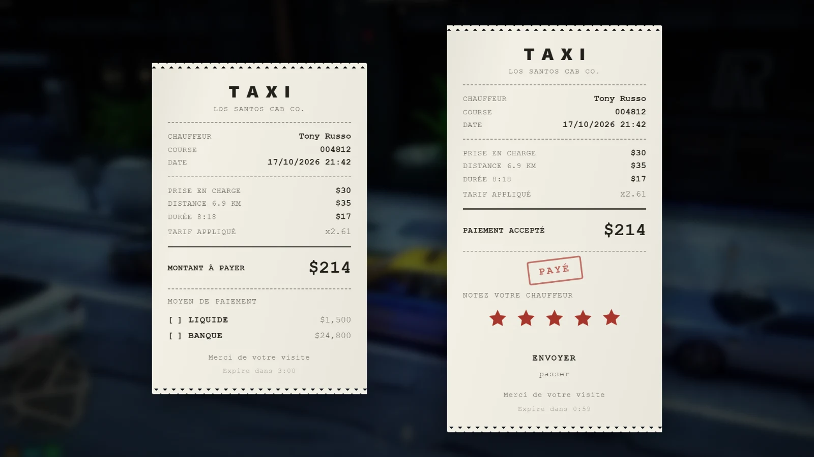 La facture à payer, puis payée avec la note du chauffeur