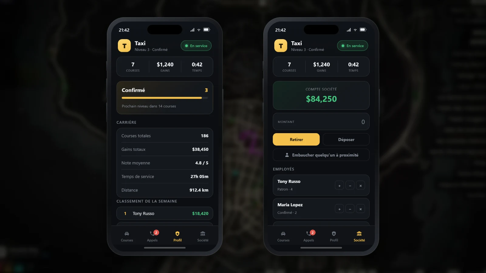 L'application : carrière du chauffeur et compte de la société